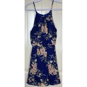Peach Royal blue floral open back high neck sleeveless dress‎ sz S, GUC